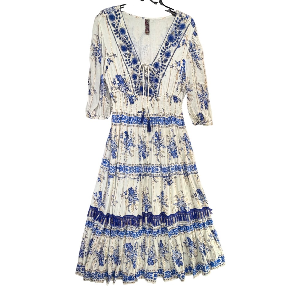 Anthropologie Me 2 Magic Tiered Dress Womens XL Blue Embroidered Tassel Tie Boho - Picture 2 of 15